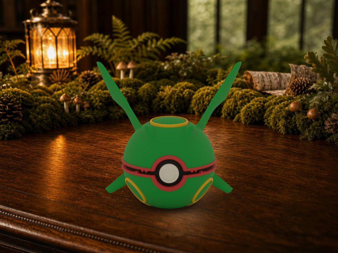 Rayquaza N3D Poké Ball #0384 on a woodland study desk, 3D printed Pokeball clicker
