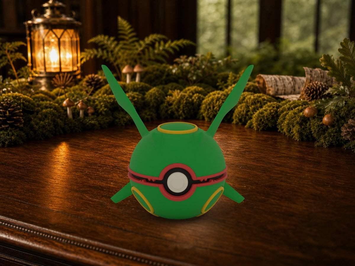 Rayquaza N3D Poké Ball #0384 on a woodland study desk, 3D printed Pokeball clicker