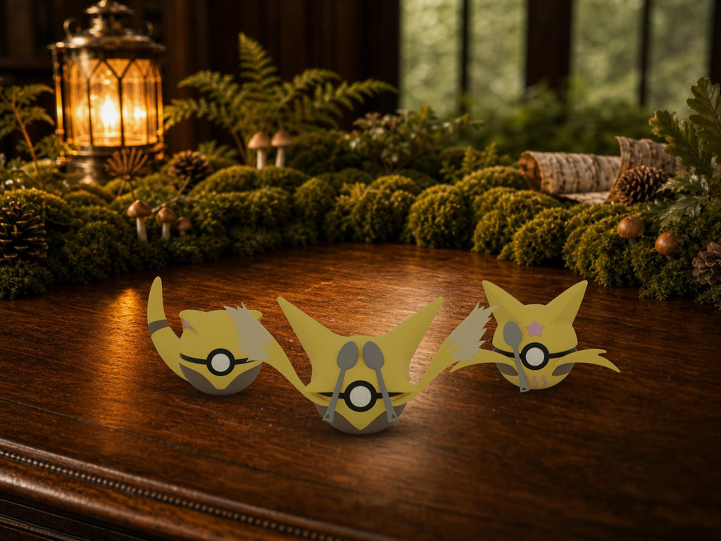 Abra, Kadabra and Alakazam N3D Poké Balls on a woodland study desk, 3D printed Pokeball clicker evolution line