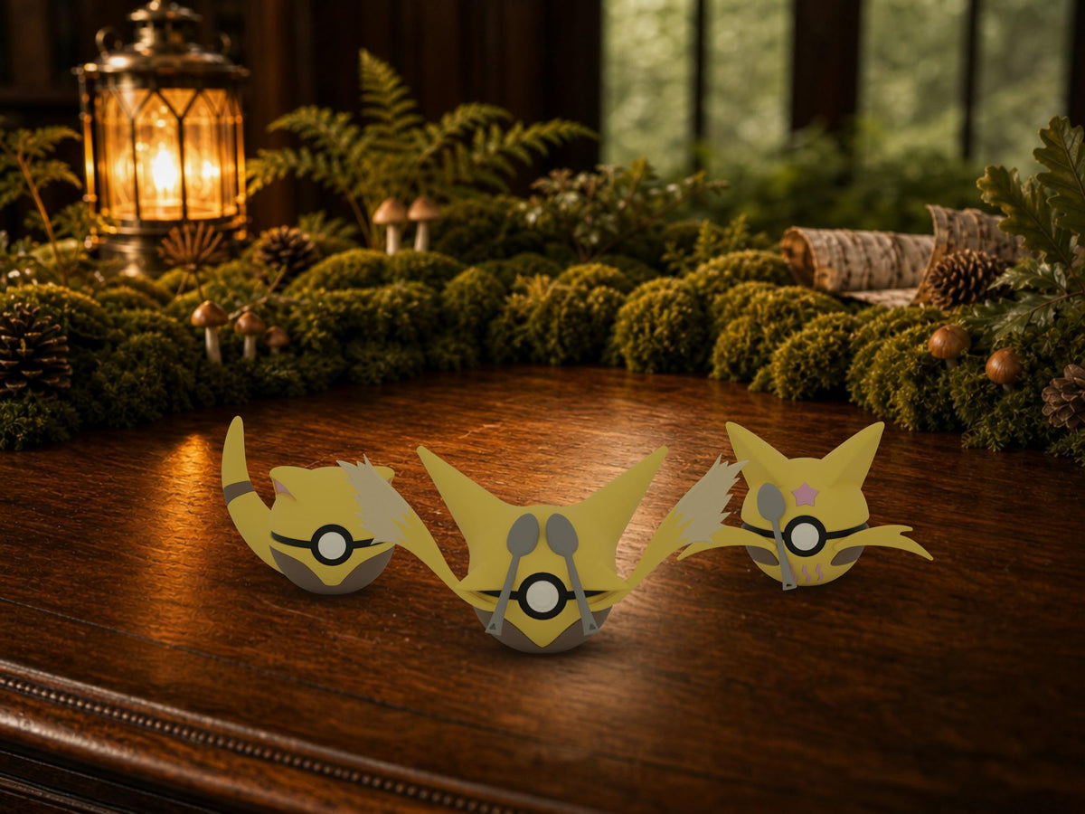 Abra, Kadabra and Alakazam N3D Poké Balls on a woodland study desk, 3D printed Pokeball clicker evolution line