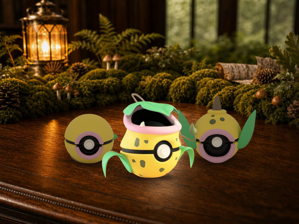 Bellsprout, Weepinbell and Victreebel N3D Poké Balls on a woodland study desk, 3D printed Pokeball clicker evolution line