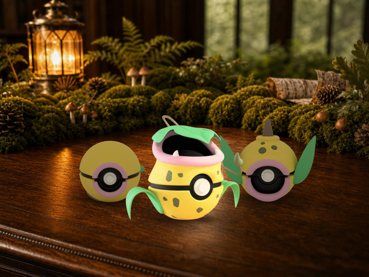 Bellsprout, Weepinbell and Victreebel N3D Poké Balls on a woodland study desk, 3D printed Pokeball clicker evolution line