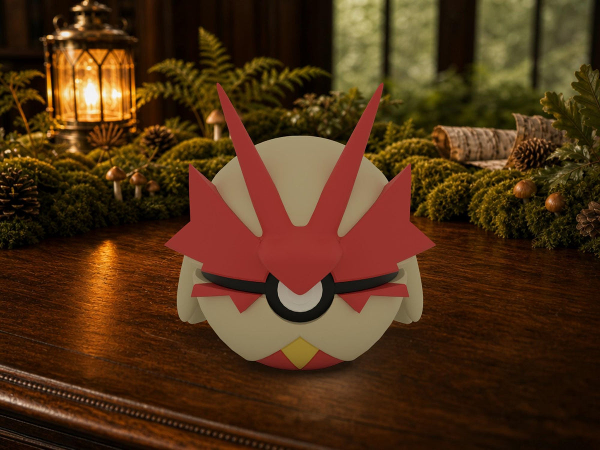 Blaziken N3D Poké Ball #0257 on a woodland study desk, 3D printed Pokeball clicker