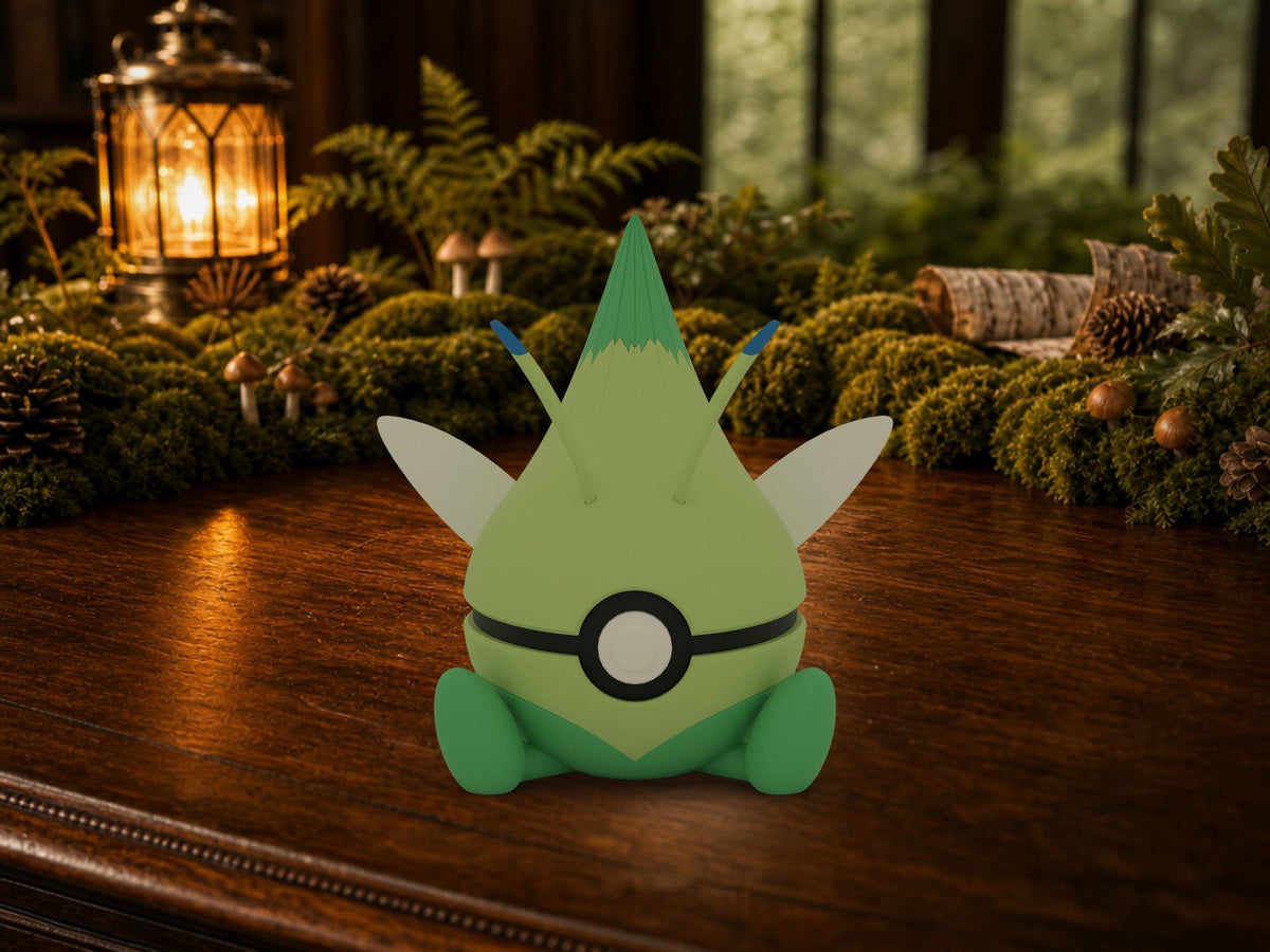 Celebi N3D Poké Ball #0251 on a woodland study desk, 3D printed Pokeball clicker