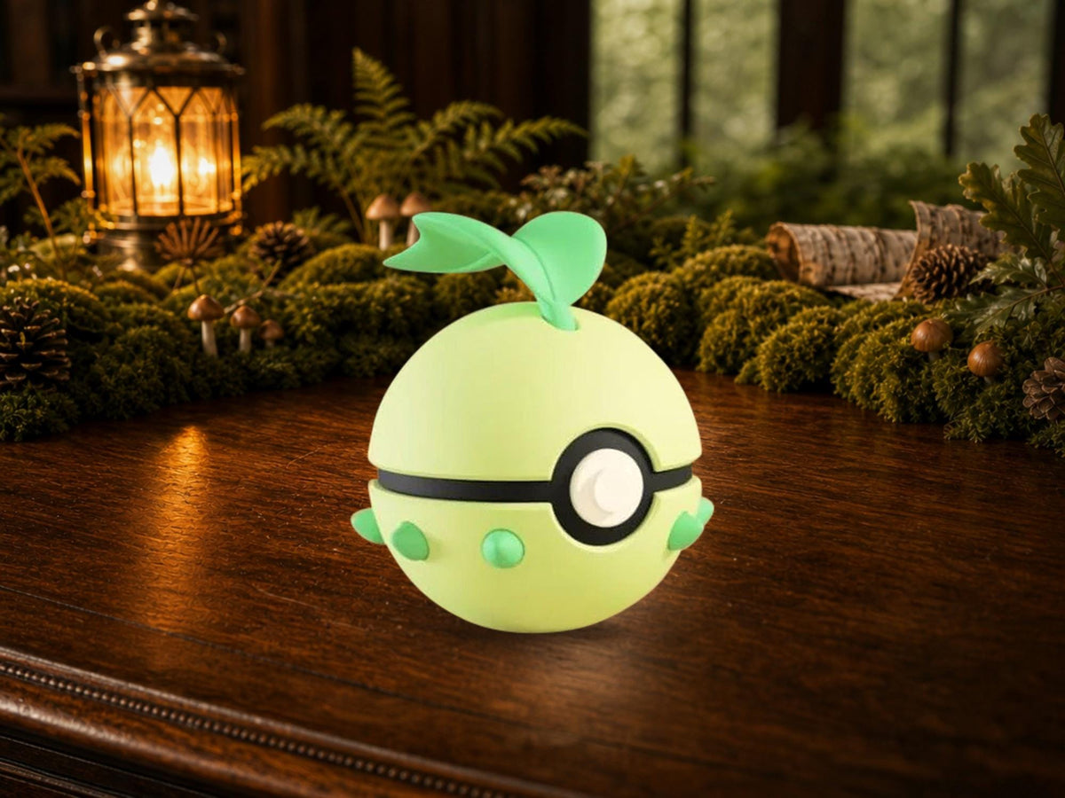 Chikorita N3D Poké Ball #0152 on a woodland study desk, 3D printed Pokeball clicker