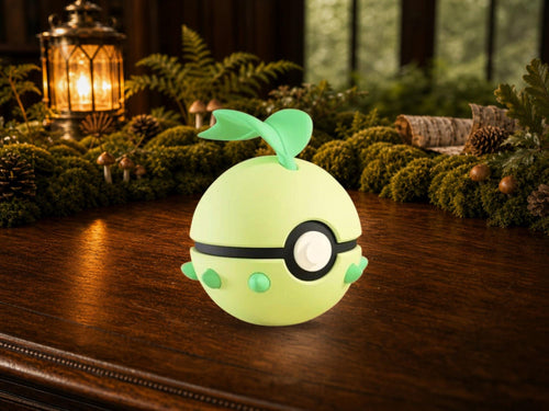 Chikorita N3D Poké Ball #0152 on a woodland study desk, 3D printed Pokeball clicker
