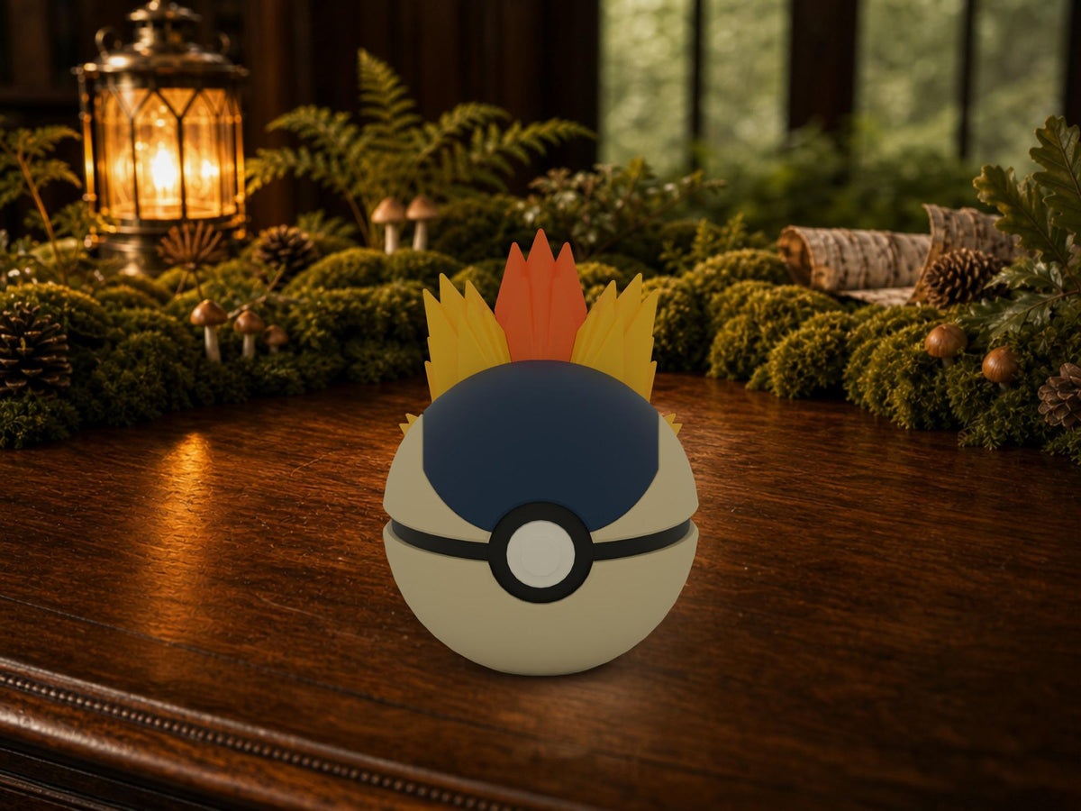 Cyndaquil N3D Poké Ball #0155 on a woodland study desk, 3D printed Pokeball clicker