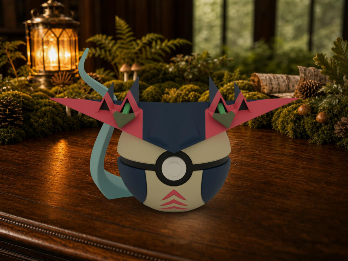 Dragapult N3D Poké Ball #0887 on a woodland study desk, 3D printed Pokeball clicker
