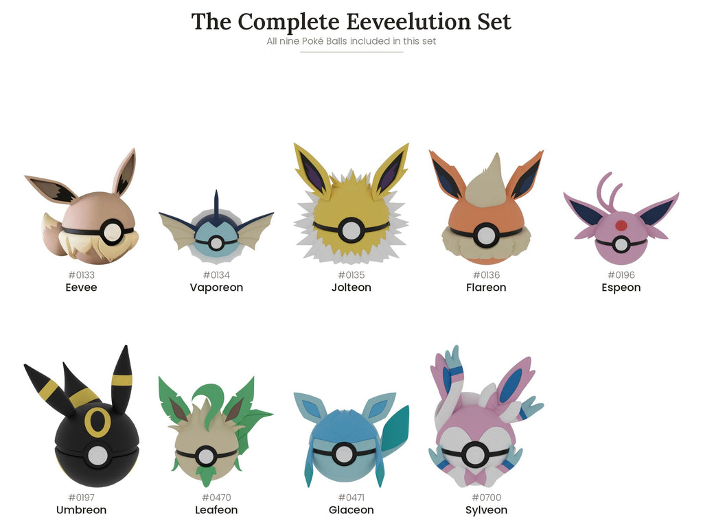 Eeveelution N3D Poké Ball set contents: Eevee, Vaporeon, Jolteon, Flareon, Espeon, Umbreon, Leafeon, Glaceon and Sylveon