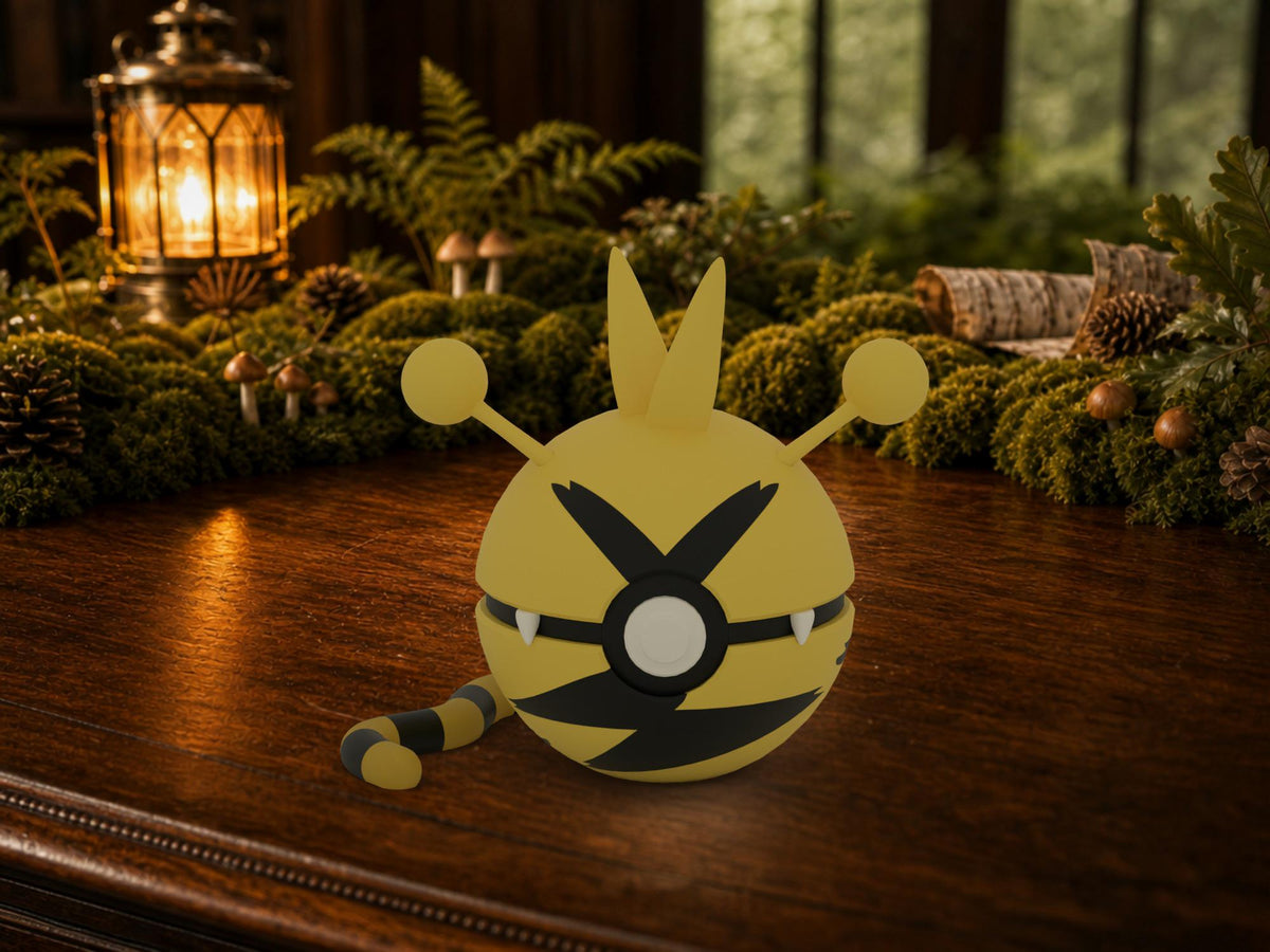 Electabuzz N3D Poké Ball #0125 on a woodland study desk, 3D printed Pokeball clicker