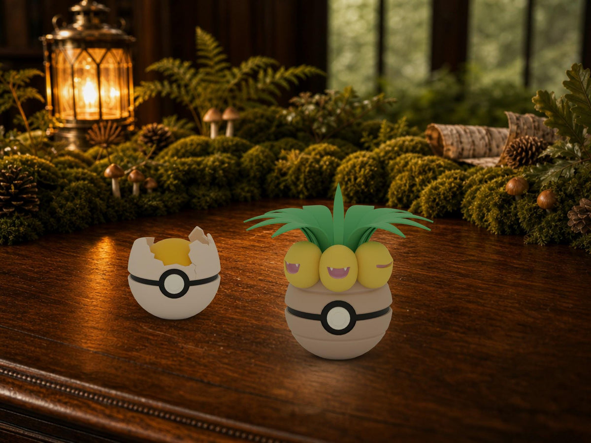 Exeggcute and Exeggutor N3D Poké Balls on a woodland study desk, 3D printed Pokeball clicker evolution line