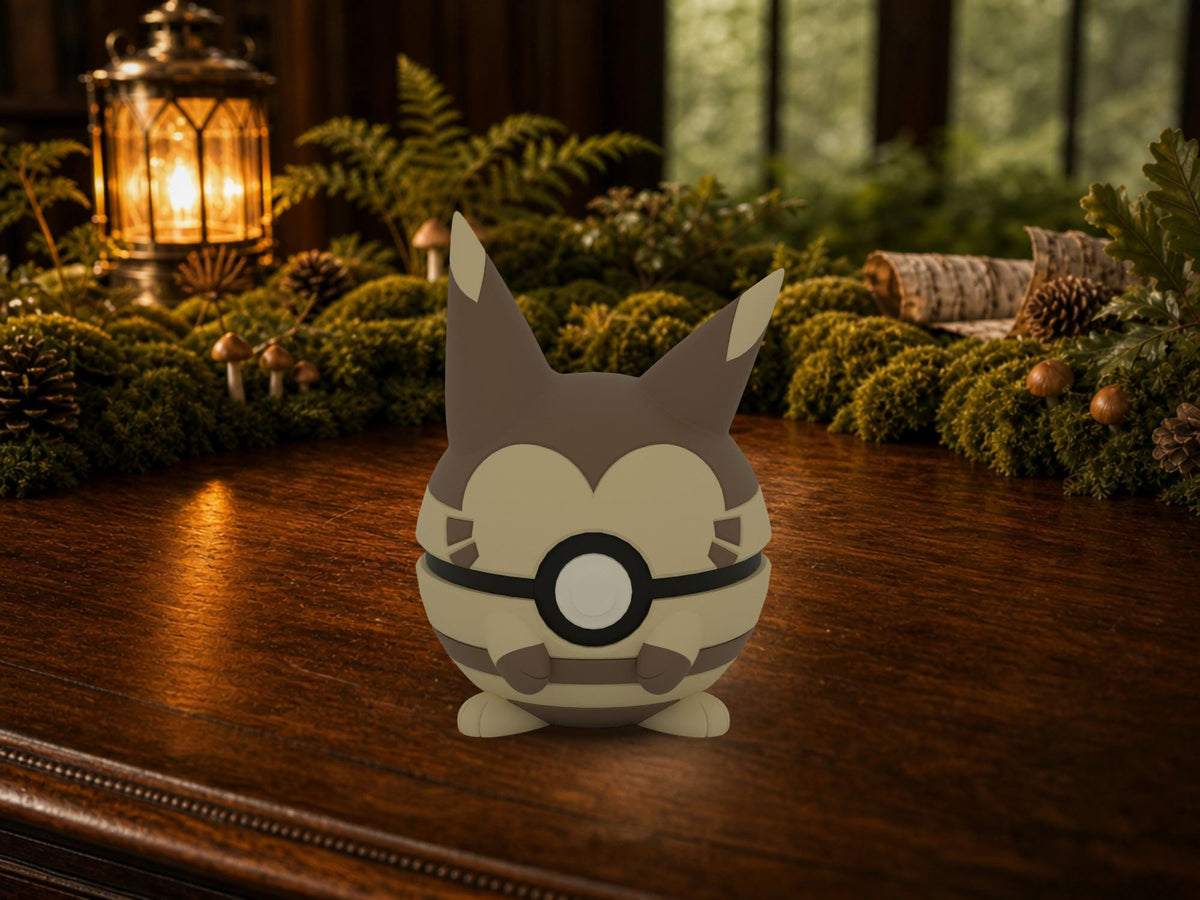 Furret N3D Poké Ball #0162 on a woodland study desk, 3D printed Pokeball clicker