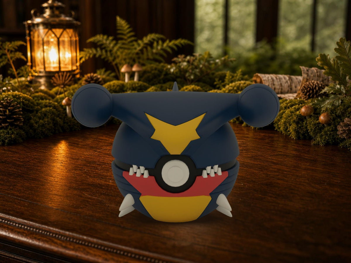 Garchomp N3D Poké Ball #0445 on a woodland study desk, 3D printed Pokeball clicker