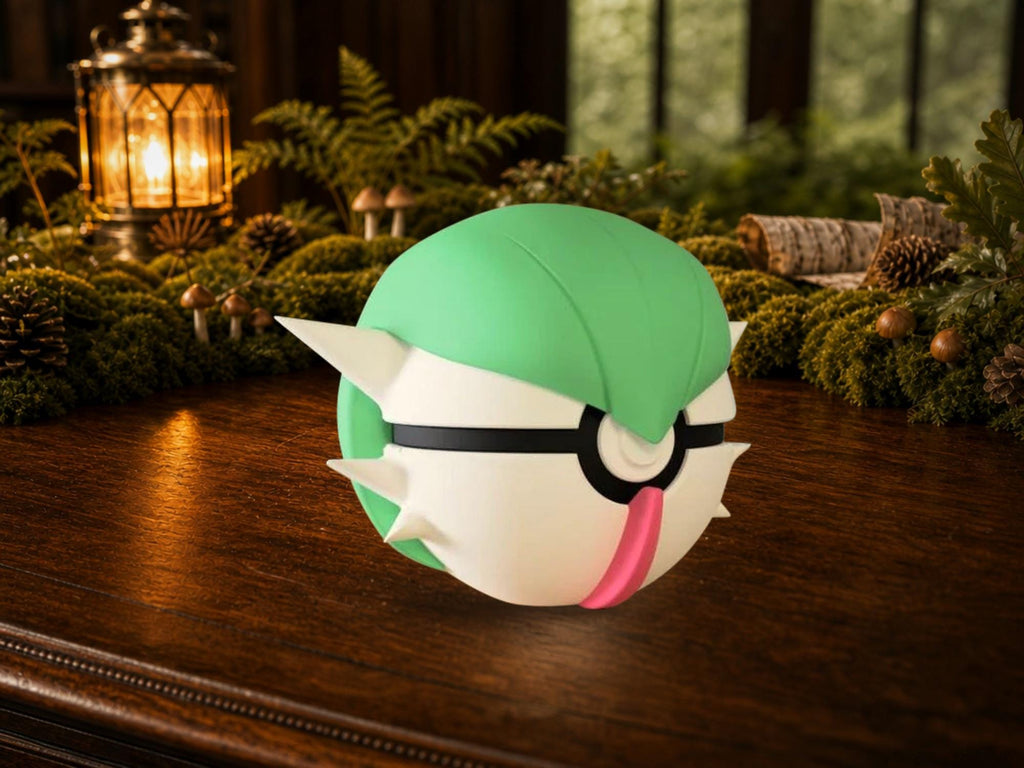 Gardevoir N3D Poké Ball #0282 on a woodland study desk, 3D printed Pokeball clicker