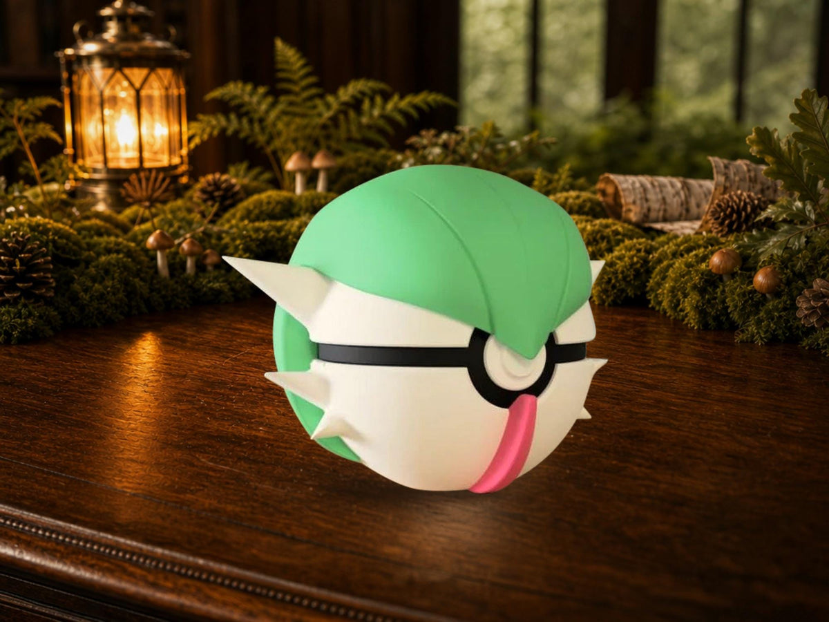 Gardevoir N3D Poké Ball #0282 on a woodland study desk, 3D printed Pokeball clicker