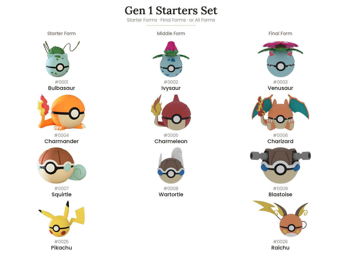 Gen 1 starter N3D Poké Ball set contents: Bulbasaur, Charmander, Squirtle and Pikachu evolution lines