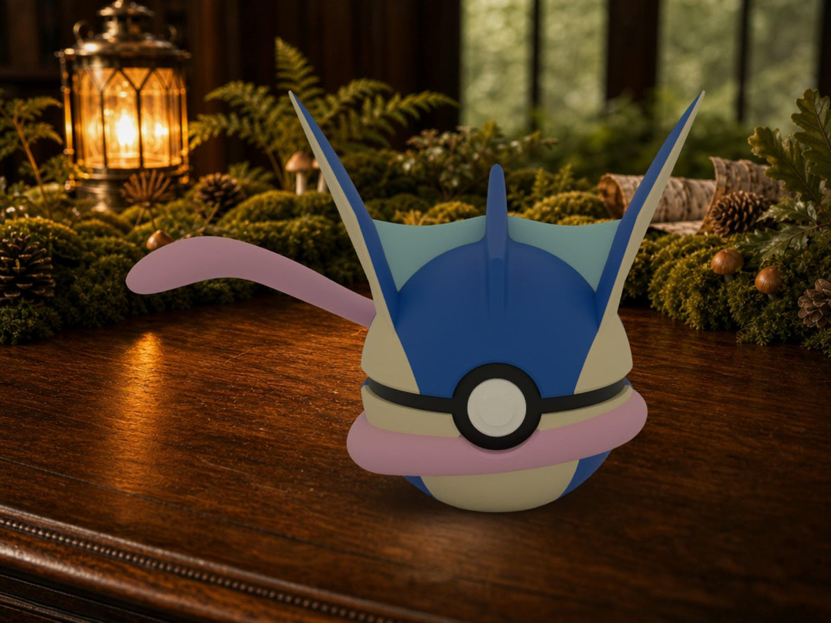 Greninja N3D Poké Ball #0658 on a woodland study desk, 3D printed Pokeball clicker