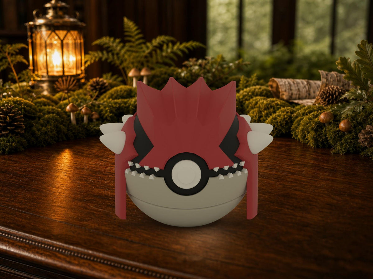 Groudon N3D Poké Ball #0383 on a woodland study desk, 3D printed Pokeball clicker