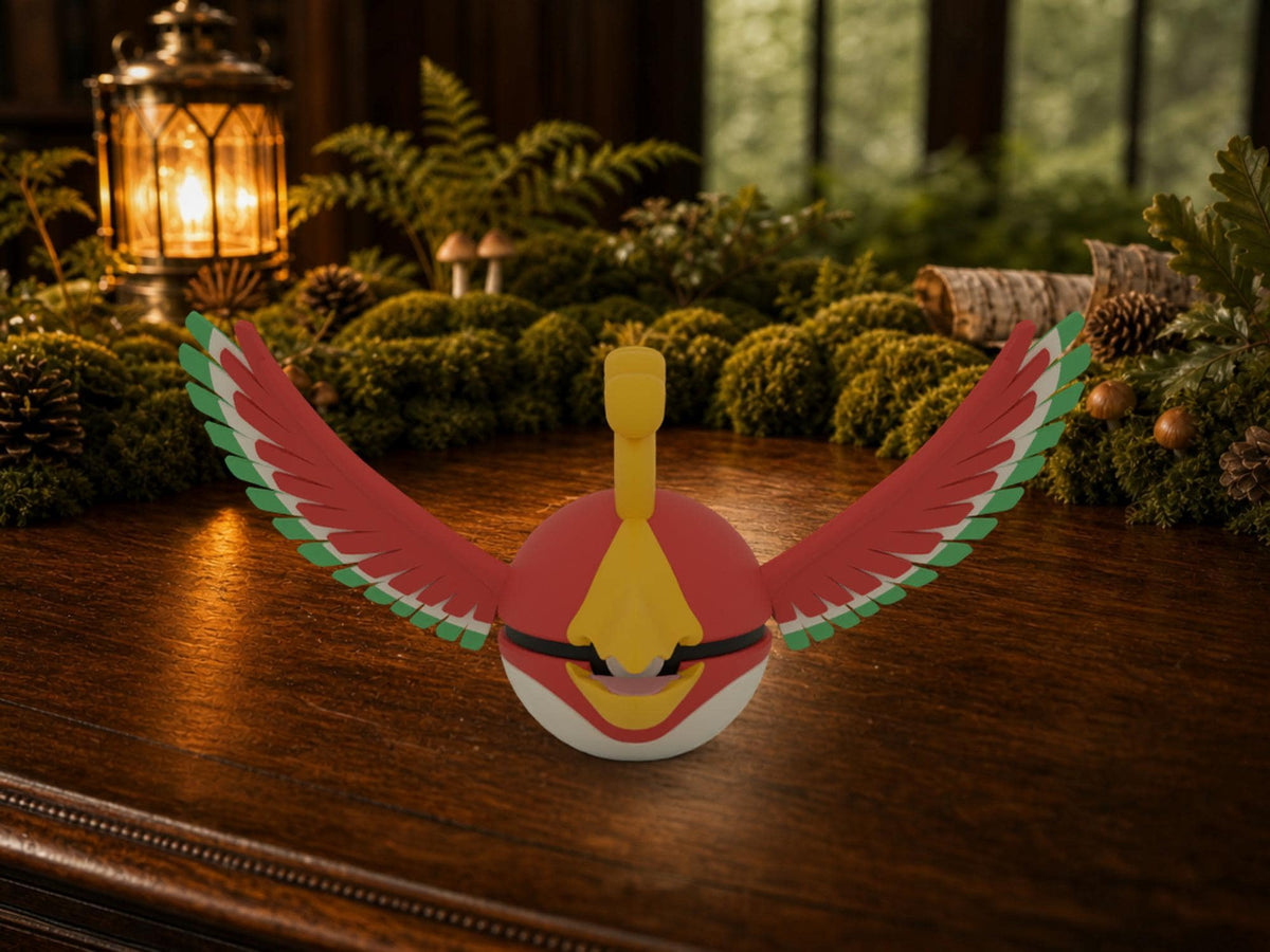 Ho-Oh N3D Poké Ball #0250 on a woodland study desk, 3D printed Pokeball clicker
