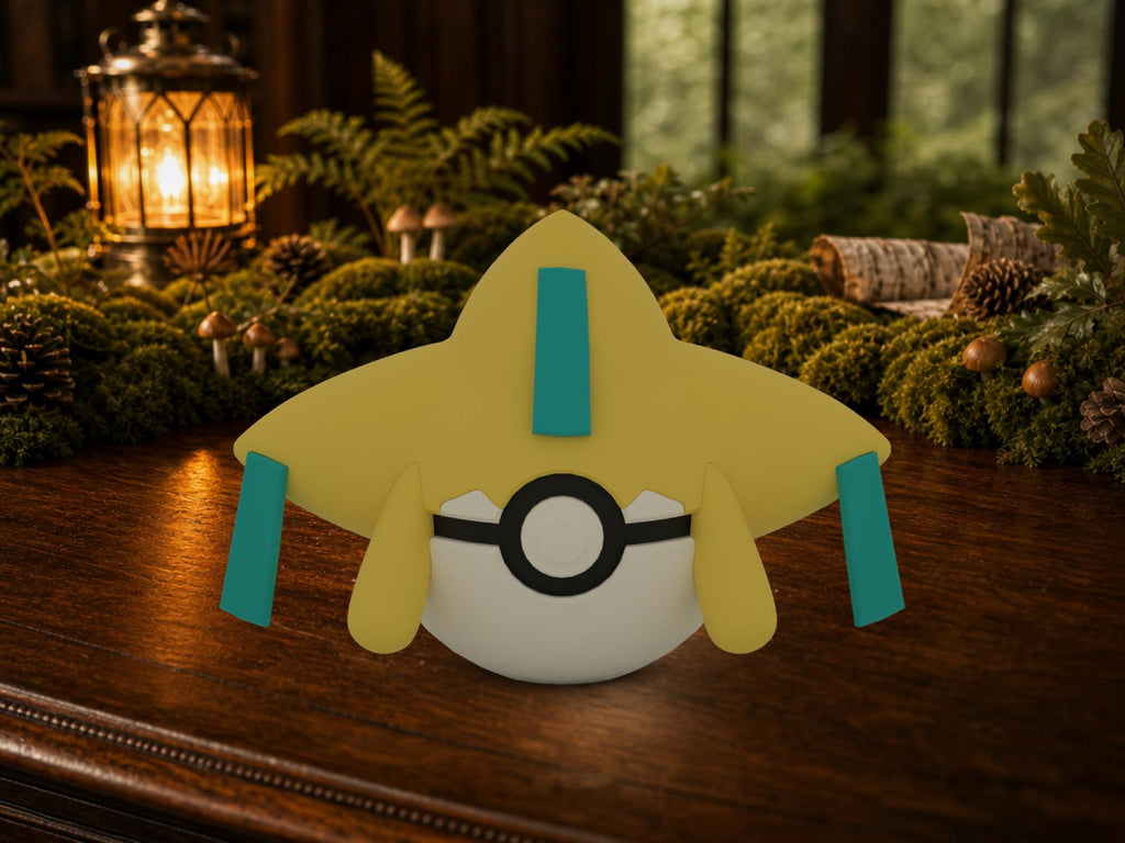 Jirachi N3D Poké Ball #0385 on a woodland study desk, 3D printed Pokeball clicker