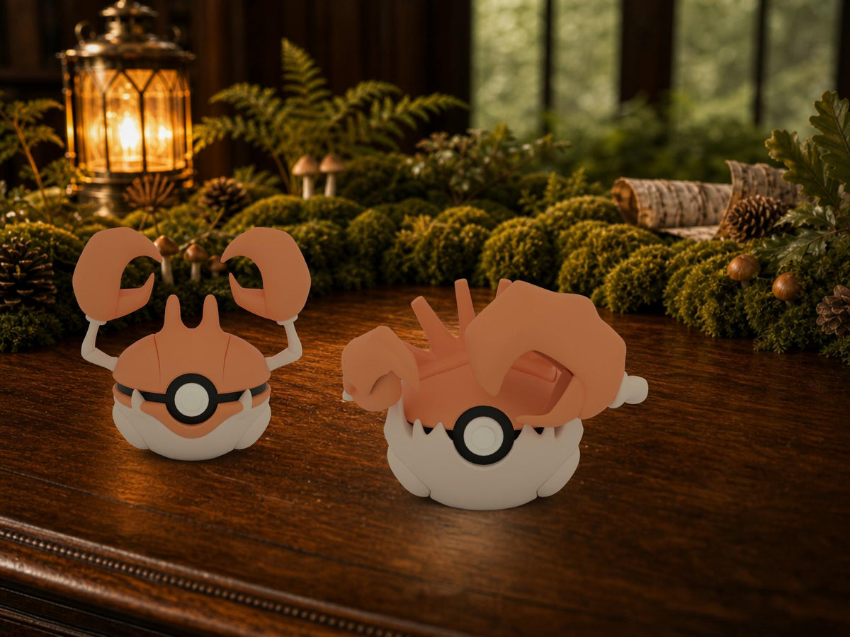 Krabby and Kingler N3D Poké Balls on a woodland study desk, 3D printed Pokeball clicker evolution line