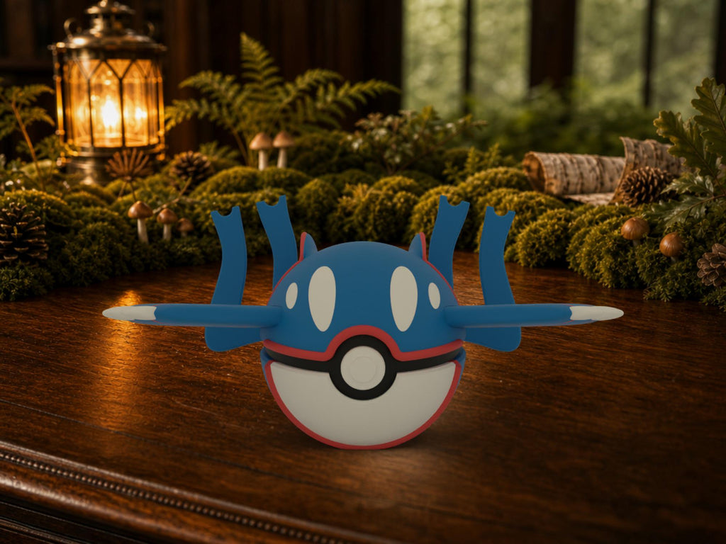 Kyogre N3D Poké Ball #0382 on a woodland study desk, 3D printed Pokeball clicker