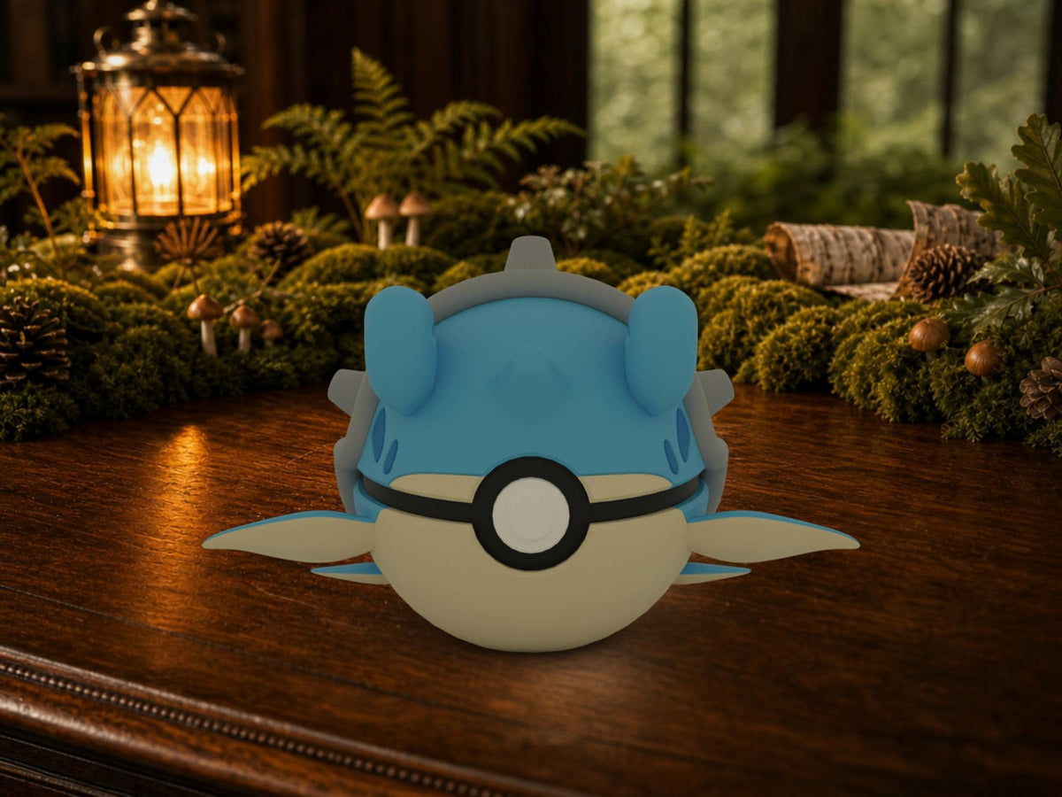 Lapras N3D Poké Ball #0131 on a woodland study desk, 3D printed Pokeball clicker