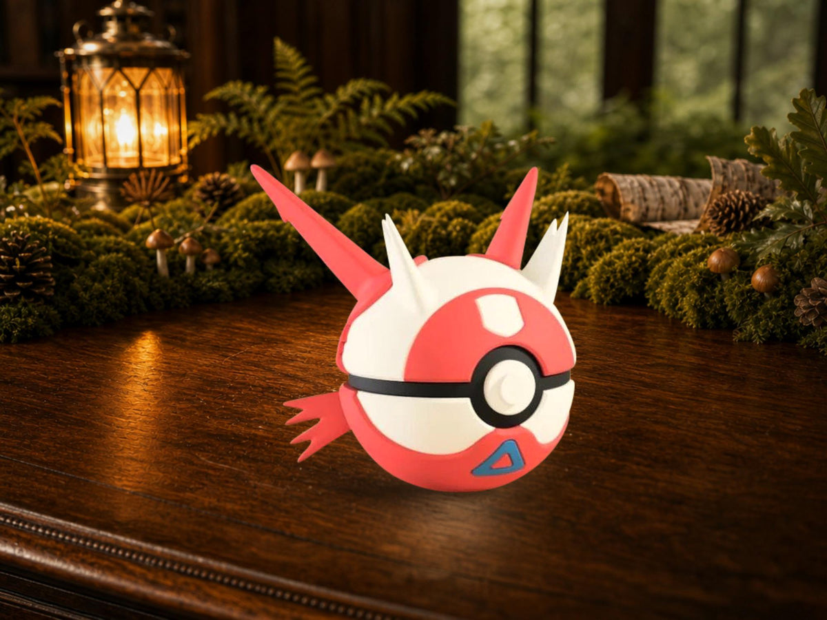 Latias N3D Poké Ball #0380 on a woodland study desk, 3D printed Pokeball clicker