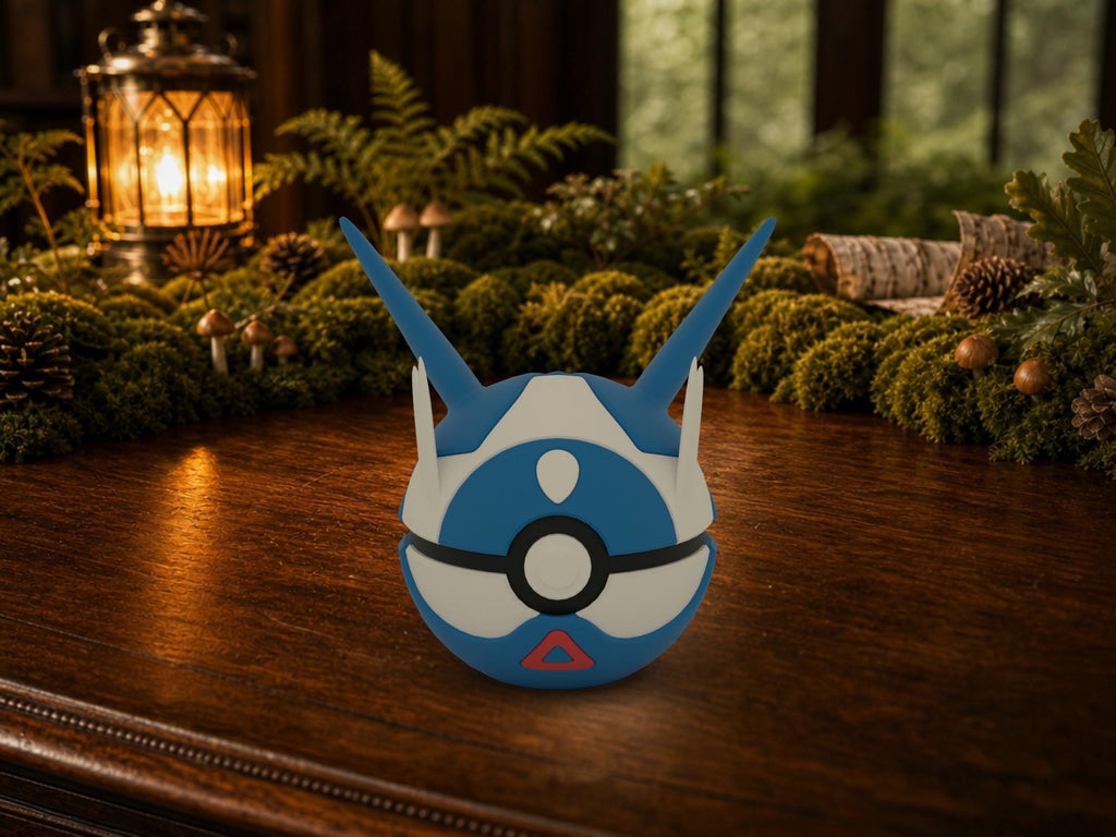 Latios N3D Poké Ball #0381 on a woodland study desk, 3D printed Pokeball clicker