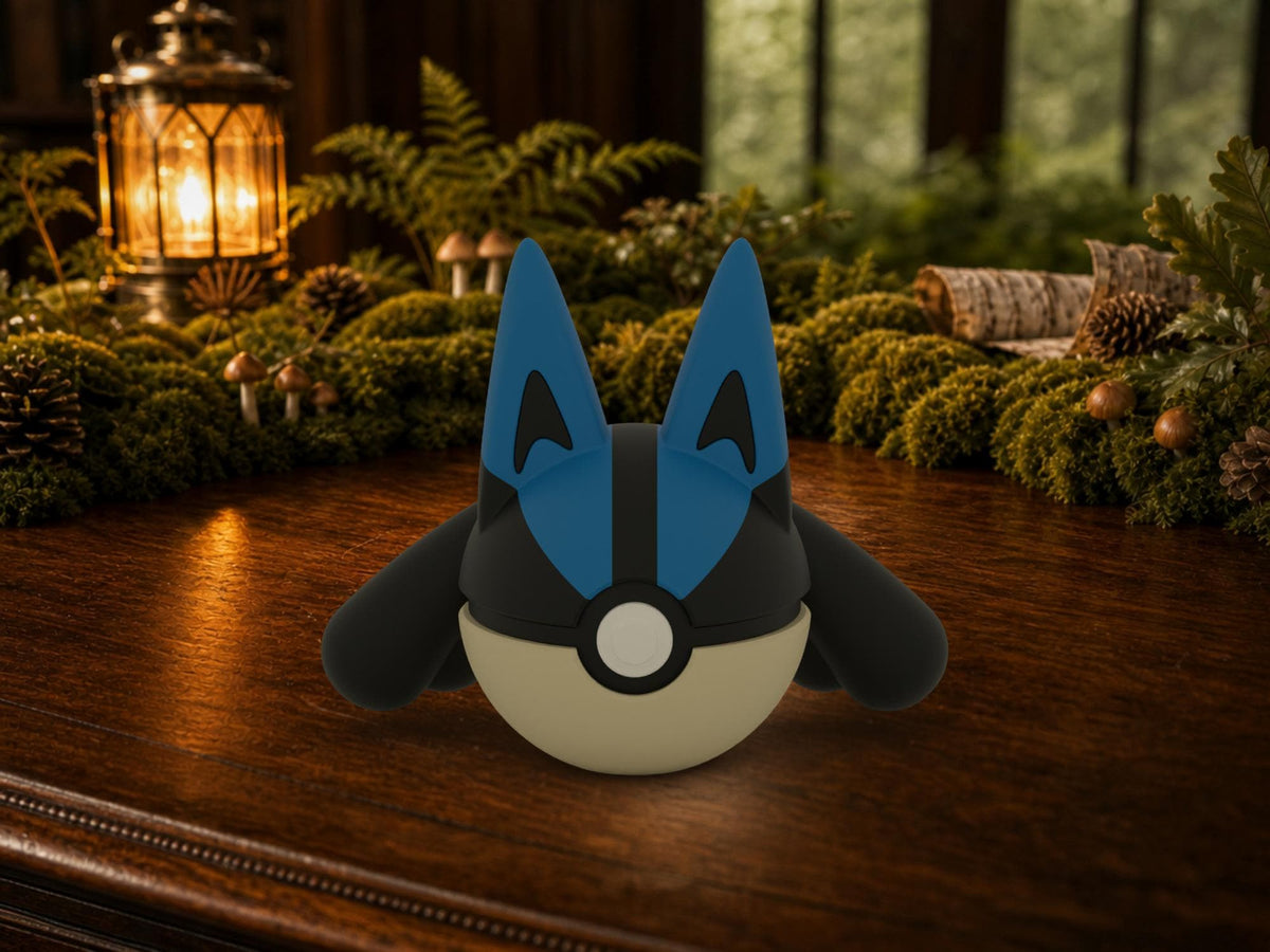 Lucario N3D Poké Ball #0448 on a woodland study desk, 3D printed Pokeball clicker