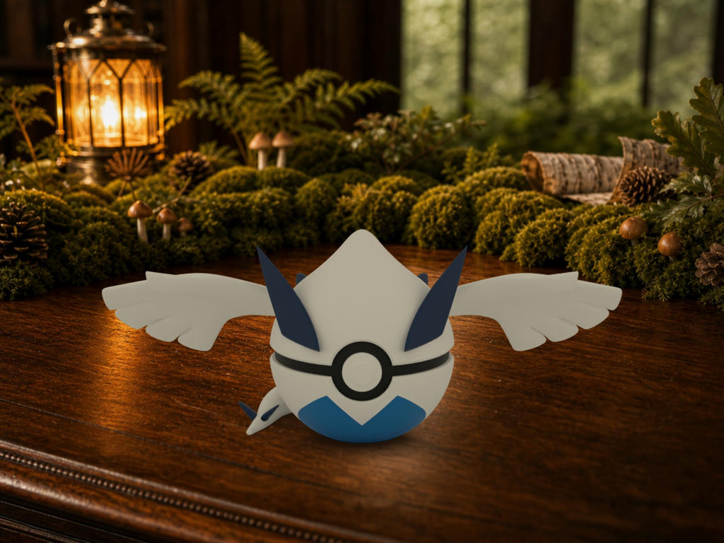 Lugia N3D Poké Ball #0249 on a woodland study desk, 3D printed Pokeball clicker
