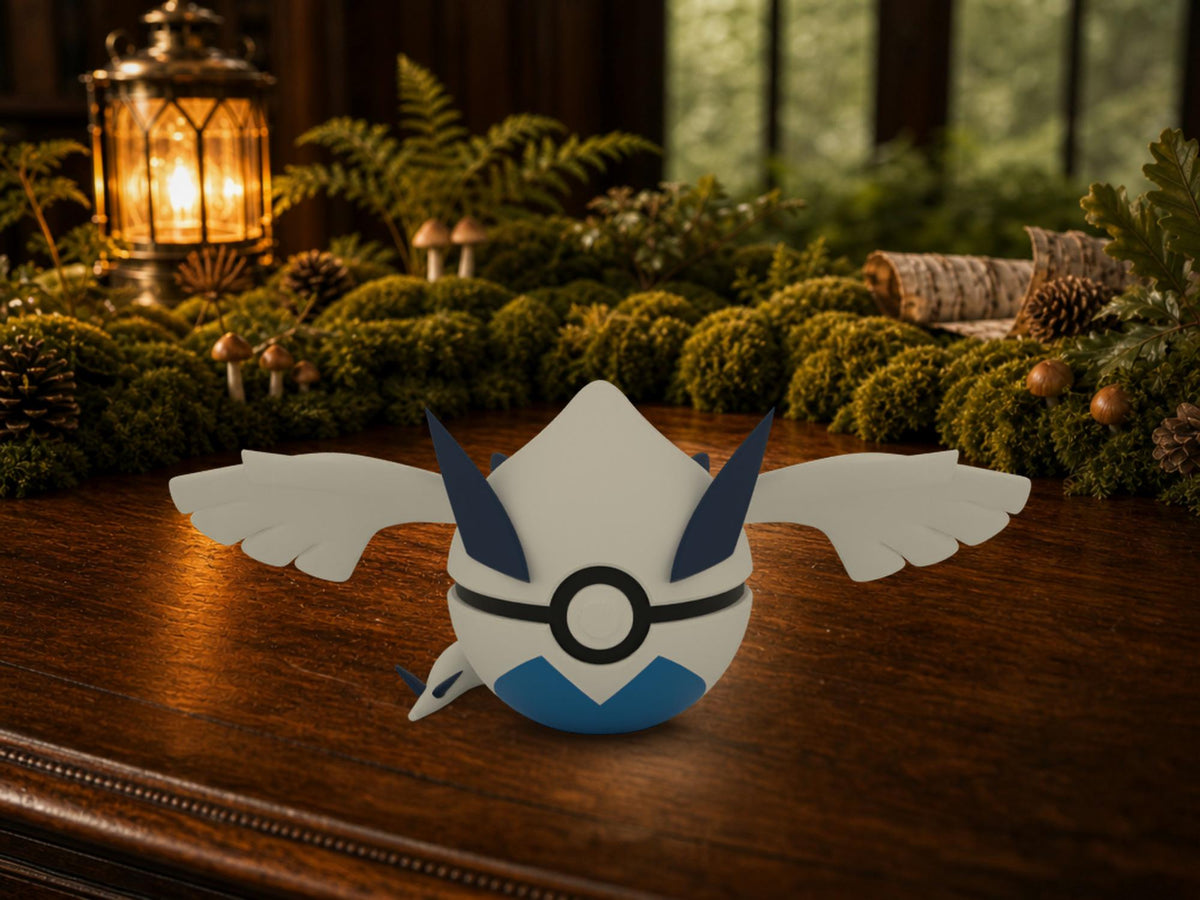 Lugia N3D Poké Ball #0249 on a woodland study desk, 3D printed Pokeball clicker