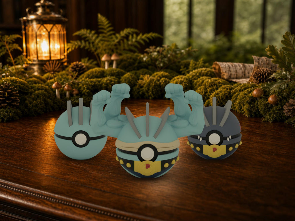 Machop, Machoke and Machamp N3D Poké Balls on a woodland study desk, 3D printed Pokeball clicker evolution line