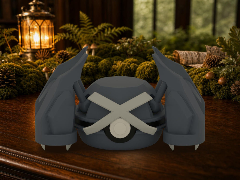 Metagross N3D Poké Ball #0376 on a woodland study desk, 3D printed Pokeball clicker