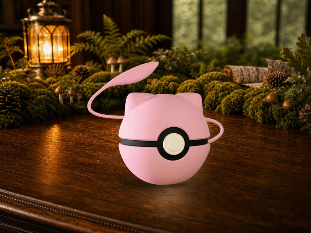 Mew N3D Poké Ball #0151 on a woodland study desk, 3D printed Pokeball clicker
