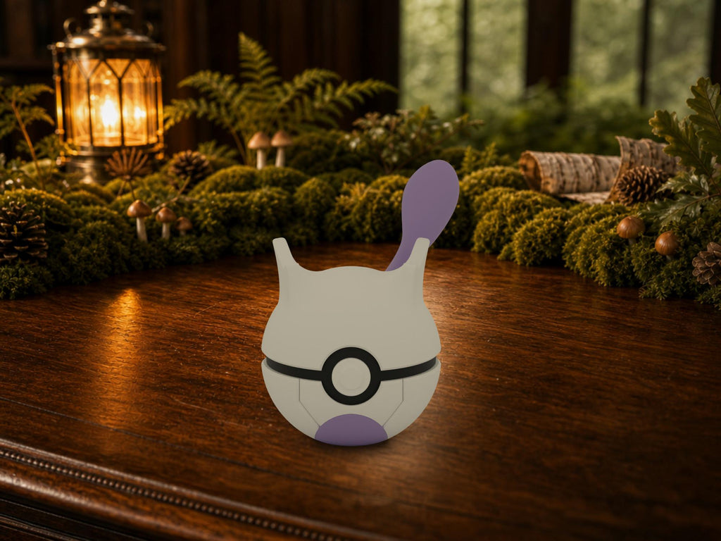 Mewtwo N3D Poké Ball #0150 on a woodland study desk, 3D printed Pokeball clicker