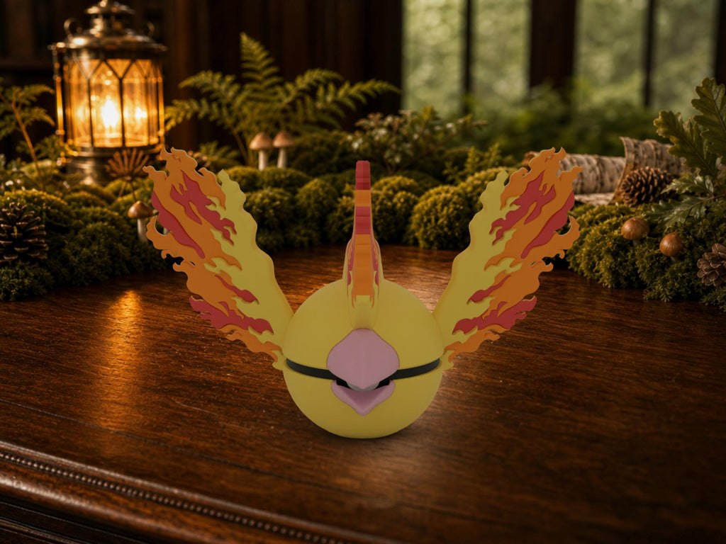 Moltres N3D Poké Ball #0146 on a woodland study desk, 3D printed Pokeball clicker