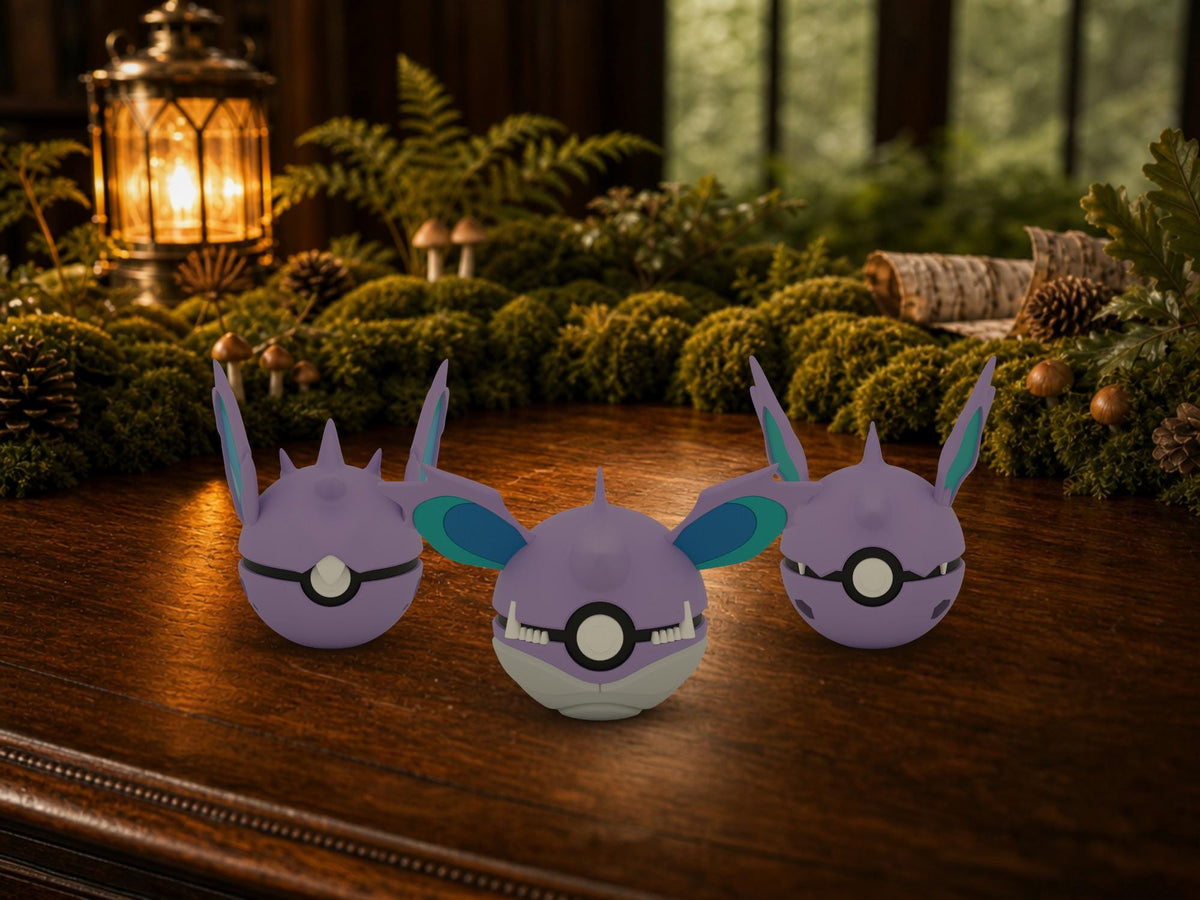 Nidoran♂ (Male), Nidorino and Nidoking N3D Poké Balls on a woodland study desk, 3D printed Pokeball clicker evolution line