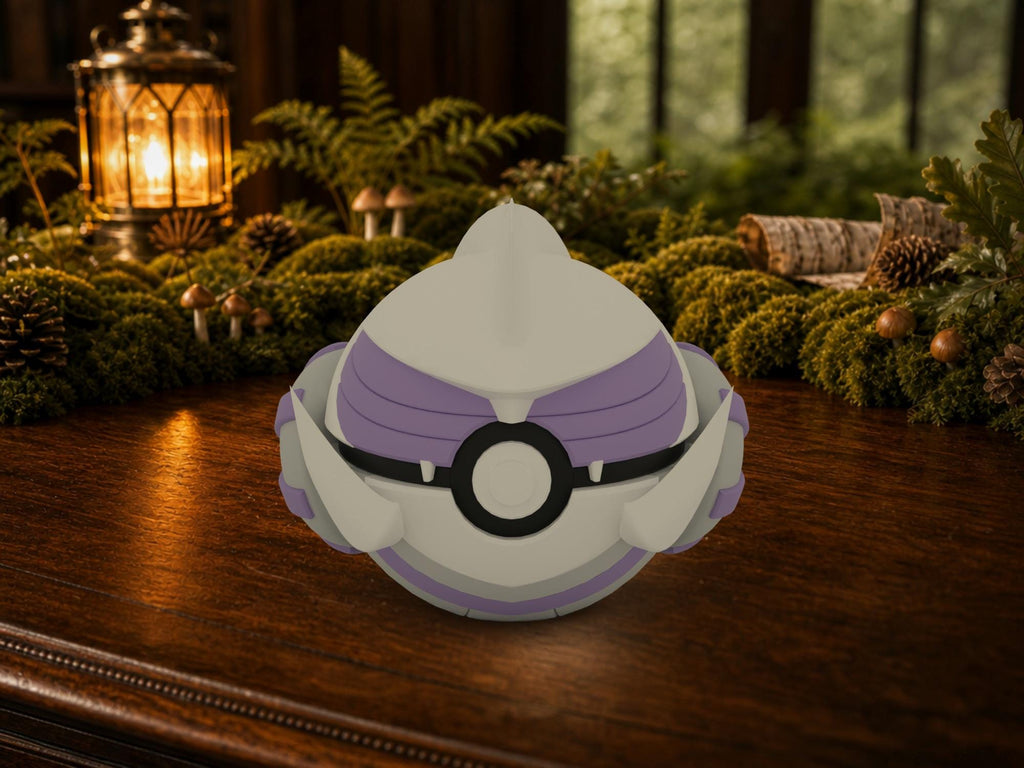Palkia N3D Poké Ball #0484 on a woodland study desk, 3D printed Pokeball clicker