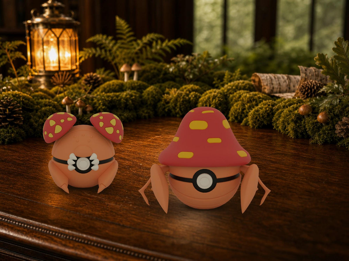 Paras and Parasect N3D Poké Balls on a woodland study desk, 3D printed Pokeball clicker evolution line