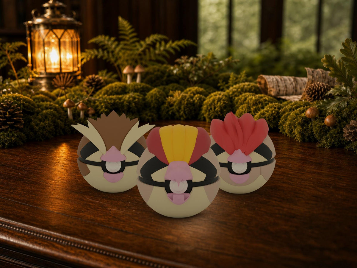 Pidgey, Pidgeotto and Pidgeot N3D Poké Balls on a woodland study desk, 3D printed Pokeball clicker evolution line