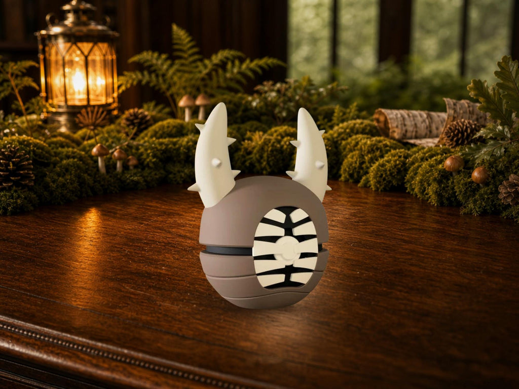Pinsir N3D Poké Ball #0127 on a woodland study desk, 3D printed Pokeball clicker