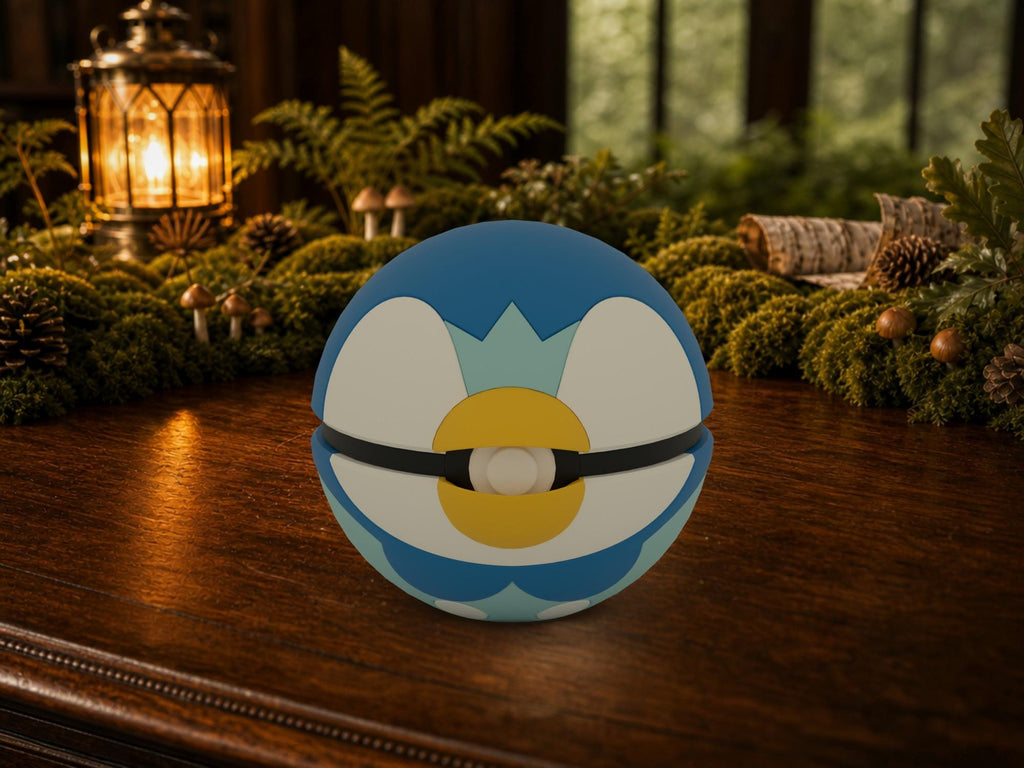 Piplup N3D Poké Ball #0393 on a woodland study desk, 3D printed Pokeball clicker