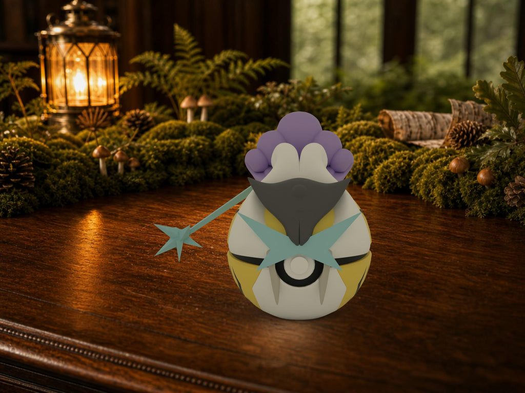 Raikou N3D Poké Ball #0243 on a woodland study desk, 3D printed Pokeball clicker