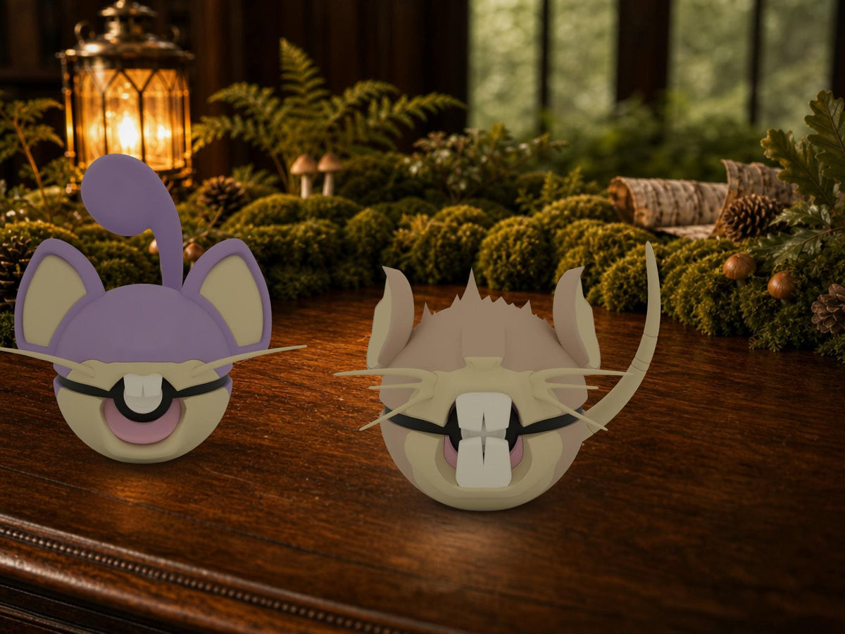Rattata and Raticate N3D Poké Balls on a woodland study desk, 3D printed Pokeball clicker evolution line