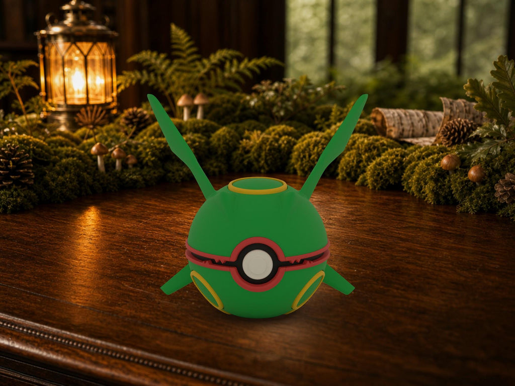 Rayquaza N3D Poké Ball #0384 on a woodland study desk, 3D printed Pokeball clicker