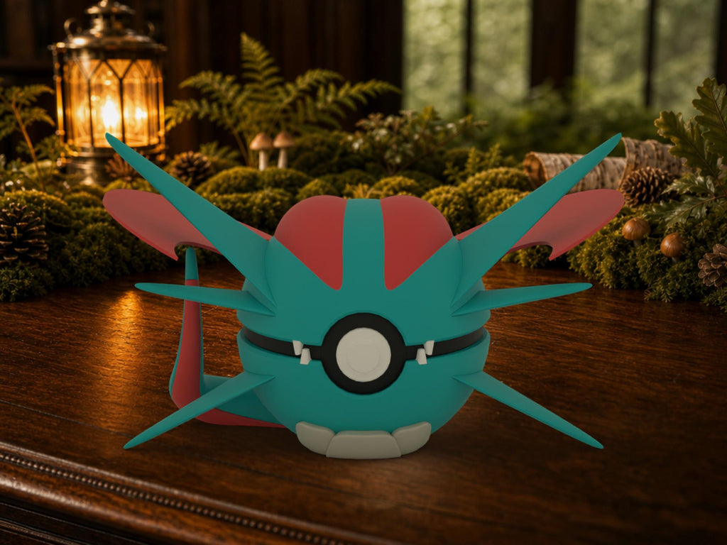 Salamence N3D Poké Ball #0373 on a woodland study desk, 3D printed Pokeball clicker