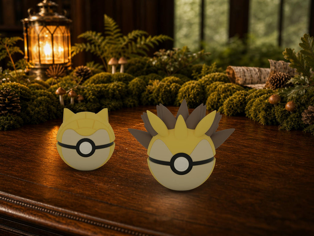 Sandshrew and Sandslash N3D Poké Balls on a woodland study desk, 3D printed Pokeball clicker evolution line