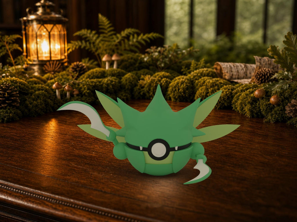 Scyther N3D Poké Ball #0123 on a woodland study desk, 3D printed Pokeball clicker