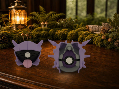 Shellder and Cloyster N3D Poké Balls on a woodland study desk, 3D printed Pokeball clicker evolution line